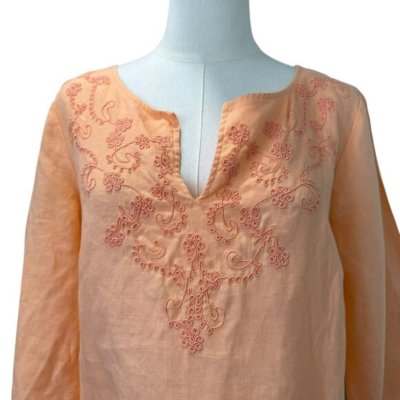 Edward Irish Linen Tunic Top Women’s SZ:M Peach Embroidered Boho 3/4 Sleeve - Picture 2 of 8